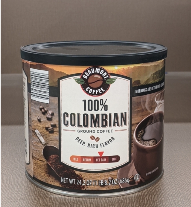 Beaumont 100% Colombian Ground Coffee in Tub 1.8lbs Tub  (Medium Dark)