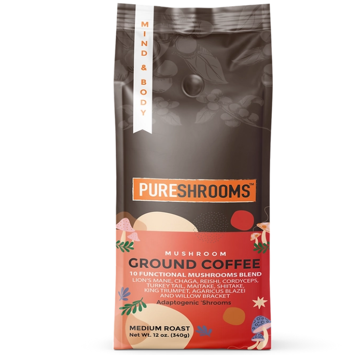 Pureshrooms Perfect 10-Mushroom Ground Coffee 12oz (Medium Roast)
